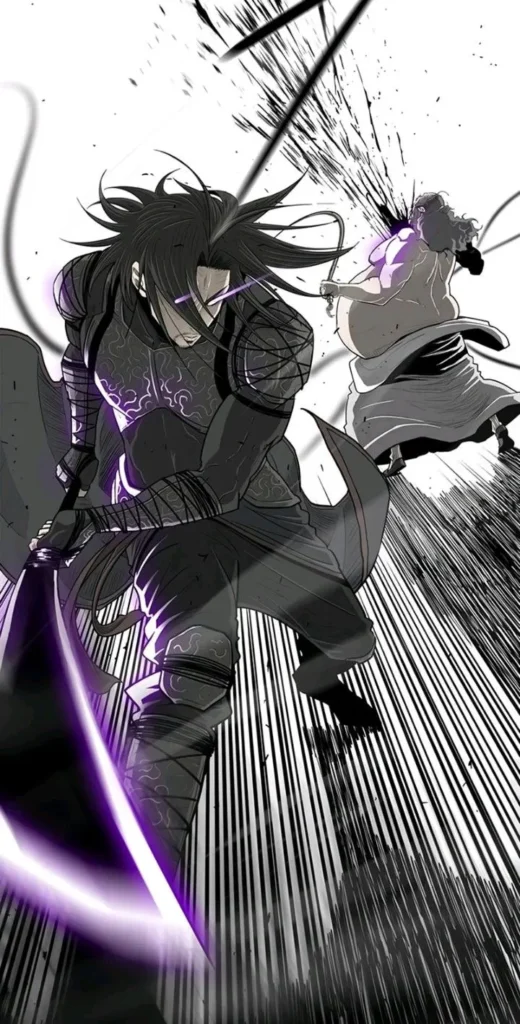 Jin Mu Won, p.p de Legend of The Northern Blade. Homme avec long cheveux noirs et un attirail de samurai utilise son épée qui fait de la lumière mauve pour trancher l'homme obèse dans le fond de l'image