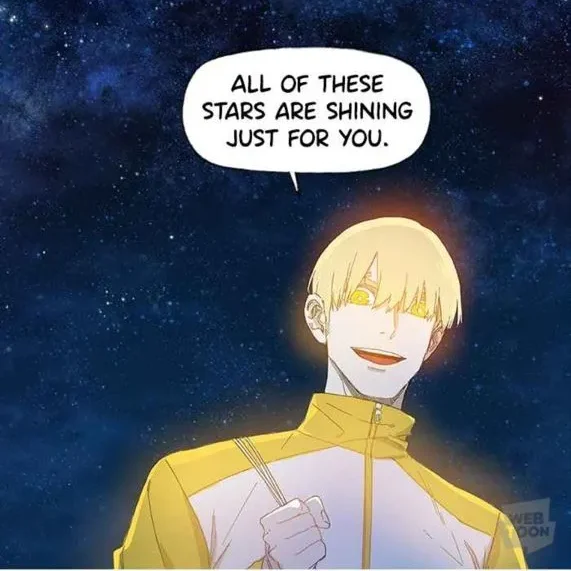 Image tiré du manhwa The Boxer lorsque J, un boxer moyen mais qui possède un optimistime hors-norme encourage quelqu'un en lui disant que toute les étoiles brillent pour lui