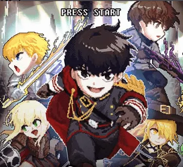 On voit le personnage principal, Ash Everblack en habit de prince qui sourit. Autour de lui on peut voir 4 autres personnages importants du manhwa. Le tout dans un style pixelart comme si on était dans un jeu vidéo.